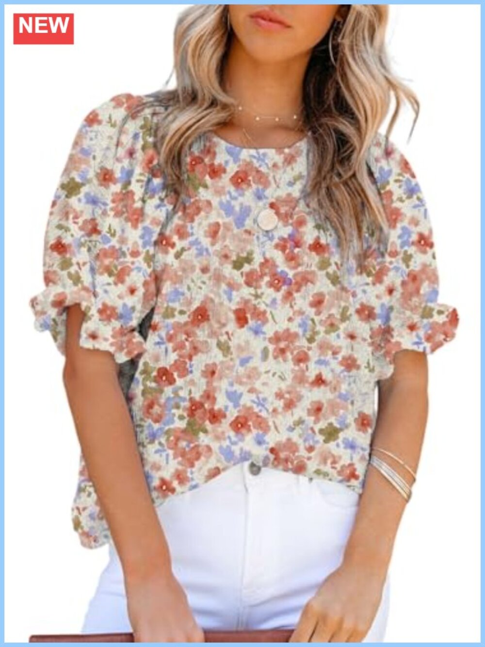 Women's Floral Print Tunic Blouse with Puff Sleeves, Crew Neck, Relaxed Fit